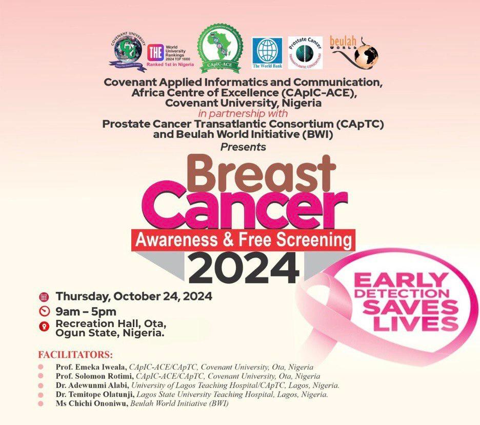 CApIC-ACE, Covenant University <a href="/capicace/">CApIC-ACE</a> <a href="/the_ACEProject/">Africa Higher Ed. Centers of Excellence-ACE Impact</a> is partnering with CaPTC <a href="/CaPTC7/">CaPTC</a> &amp; BWI <a href="/beulah_bwi/">Beulah World (BWI)</a> to conduct a Breast Cancer Awareness and free Screening programme at Adodo-Ota LGA Hqtrs, Ota, Ogun State, Nigeria to commemorate Breast Cancer Awareness month 2024.