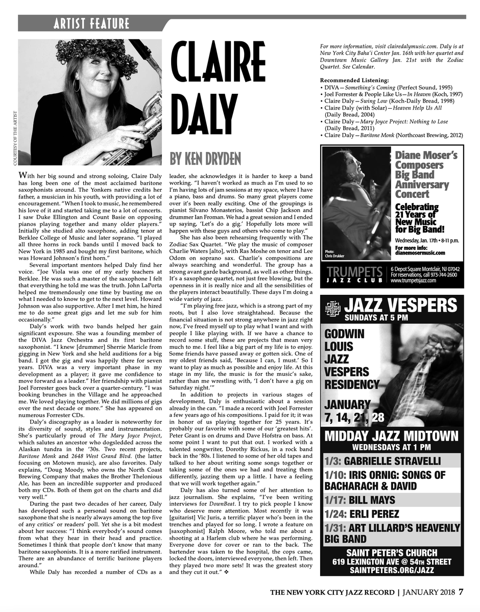 RIP Claire Daly (January 26, 1959 - October 22, 2024), a wonderful baritone saxophonist and warm personality to match. Here's TNYCJR's feature on her from almost 7 years ago....