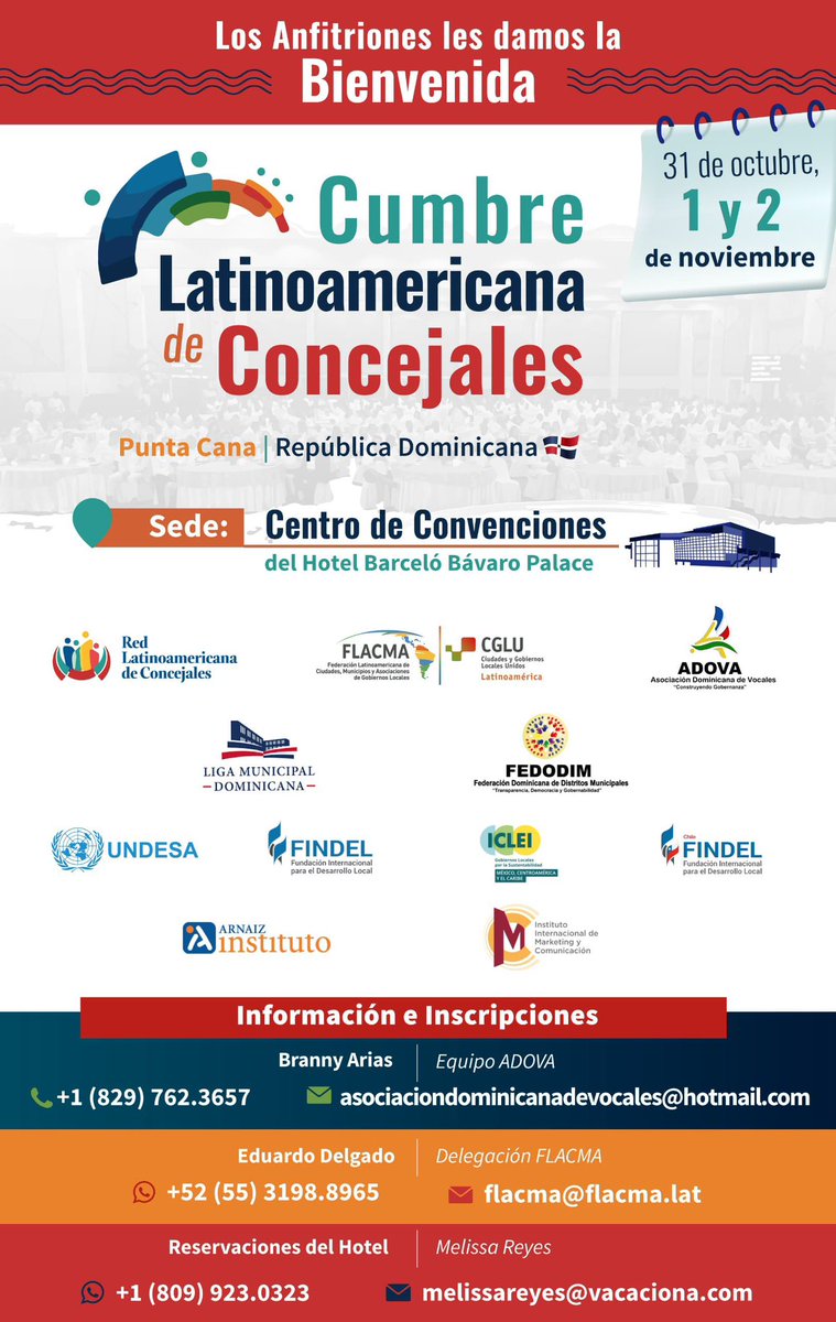 FLACMA_'s tweet photo. Los organismos municipalista que hemos convocado👇la 1a <Cumbre Latinoamericana de Concejales> estamos listos para recibirlos la próxima semana en Punta Cana🇩🇴

Hemos preparado un programa de clase 🌎 y agenda de trabajo para todos los legisladores municipales

¡ Los esperamos ! https://t.co/i9hmJJyZsj