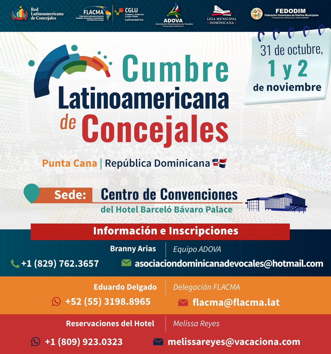 FLACMA_'s tweet photo. Los organismos municipalista que hemos convocado👇la 1a <Cumbre Latinoamericana de Concejales> estamos listos para recibirlos la próxima semana en Punta Cana🇩🇴

Hemos preparado un programa de clase 🌎 y agenda de trabajo para todos los legisladores municipales

¡ Los esperamos ! https://t.co/i9hmJJyZsj