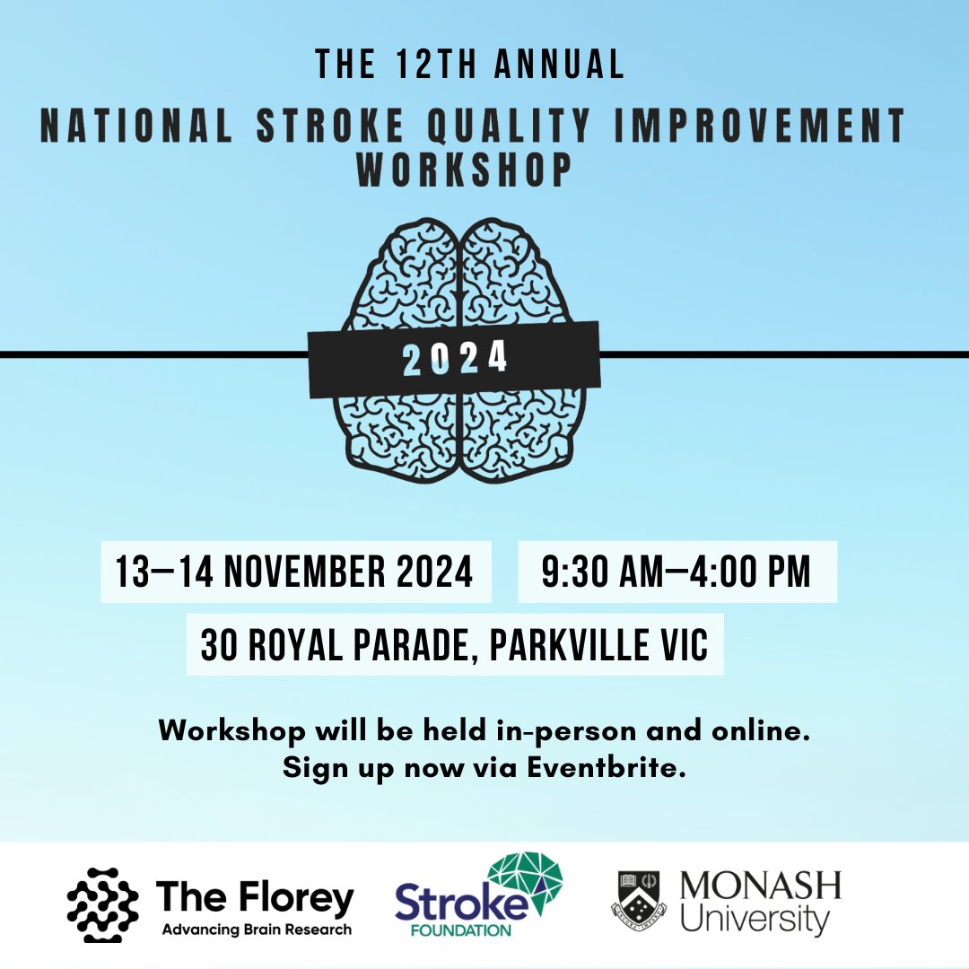 The Florey (@theflorey) on Twitter photo Calling stroke clinicians, allied health professionals, researchers and industry representatives!
With <a href="/strokefdn/">Stroke Foundation</a> and <a href="/MonashUni/">Monash University</a> we invite you to the 12th Annual National Stroke Quality Improvement Workshop, held on 13–14 Nov at The Florey.
Tickets here: eventbrite.com.au/e/national-str… Calling stroke clinicians, allied health professionals, researchers and industry representatives!
With <a href="/strokefdn/">Stroke Foundation</a> and <a href="/MonashUni/">Monash University</a> we invite you to the 12th Annual National Stroke Quality Improvement Workshop, held on 13–14 Nov at The Florey.
Tickets here: eventbrite.com.au/e/national-str…