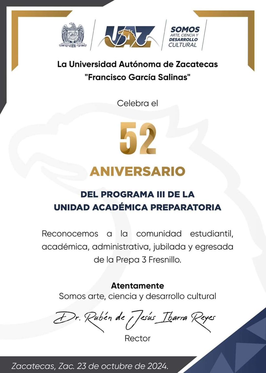 Con motivo del 52 aniversario de su fundación, quiero felicitar y reconocer a toda la comunidad estudiantil, docente, administrativa, jubilada y egresada de la Unidad Académica Preparatoria Programa III Fresnillo

¡Felicidades, Prepa 3 UAZ!

#SomosUAZ
