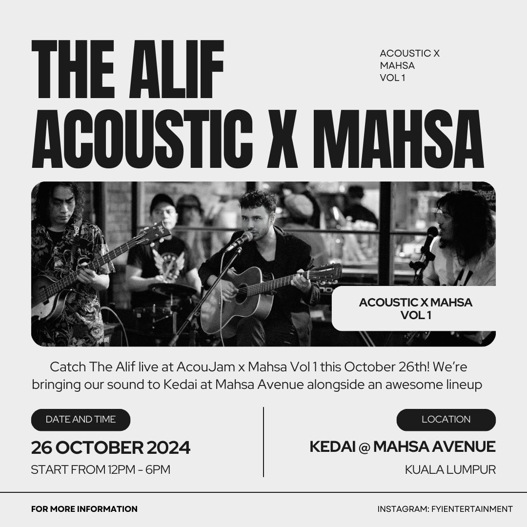 Catch The Alif live at AcouJam x Mahsa Vol 1 this October 26th! We’re bringing our sound to Kedai at Mahsa Avenue alongside an awesome lineup of bands and comedians. Show starts at 12 noon til 6 PM. See you there!