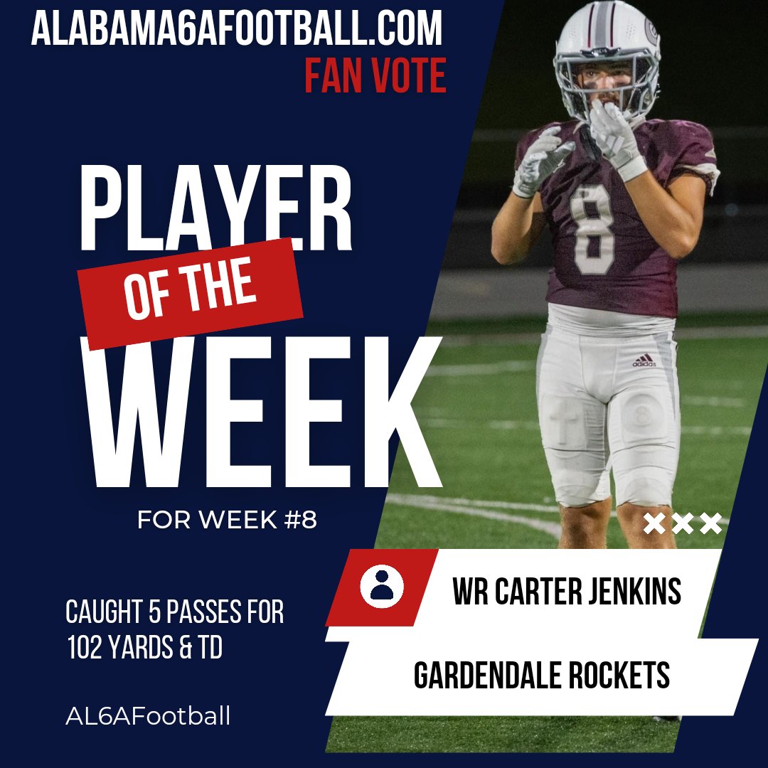 Congratulations to WR Carter Jenkins (Gardendale) - caught 5 passes for 102 yards &amp; TD vs Woodlawn for being selected by our FAN VOTE our VICIS/Schutt Sports 6A "Player of the Week" for Week #8