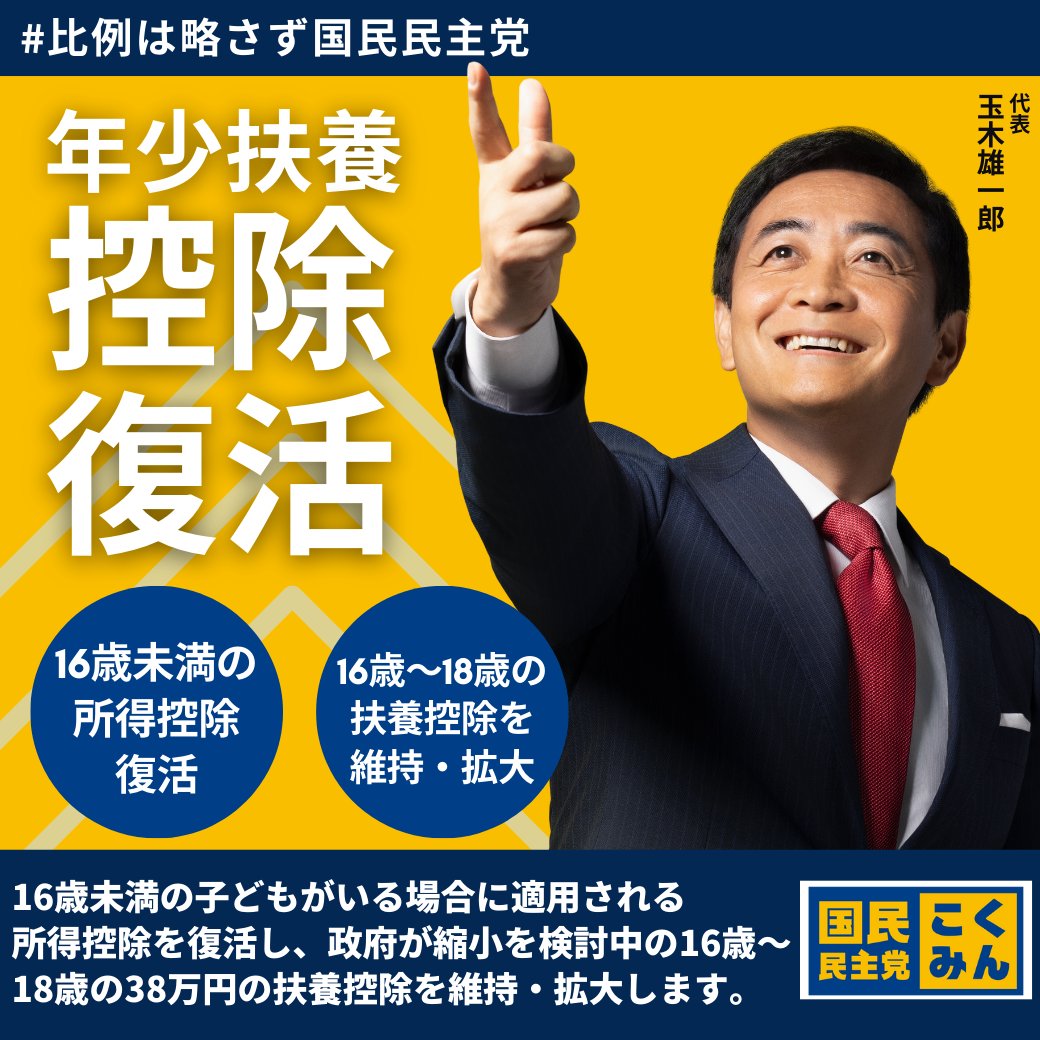 DPFPnews's tweet image. 国民民主党は、16歳未満の子どもがいる場合に適用される所得控除を復活させます。

#国民民主党 #比例は略さず国民民主党 #手取りを増やす