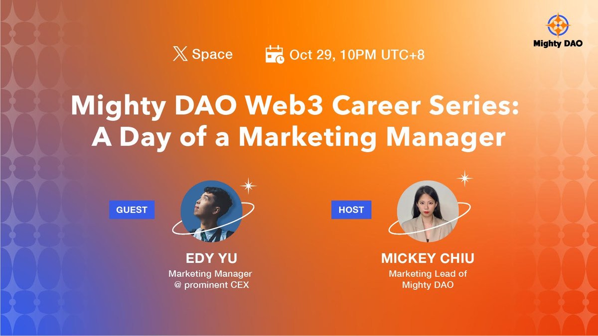 Inside Web3 Careers: A Day of a Seasoned Marketing Manager 🚀 

Date: Oct 29th 10PM UTC+8  

Guest: <a href="/FLx0666/">FLx0666 (邪修流量版)</a> 
Marketing Manager @ prominent CEX 

Host:<a href="/Rich8Mickey/">Rich8Mickey</a> 
Marketing lead of Mighty DAO 

Topics: Web2➡️Web3,Challenges,Daily life &amp; metrics  
👉 x.com/i/spaces/1mnxe…
