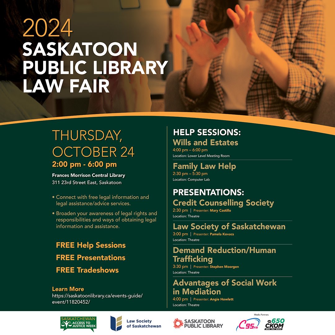 Oct 28-Nov 1 is #SKA2JWeek! Join us for pre-event, a Legal Information Fair in #yxe. Legal resource experts &amp; organizations will help answer law-related questions; present on legal topics; and host a family law clinic &amp; wills &amp; estates help. Learn more: bit.ly/3ZYcUEj.