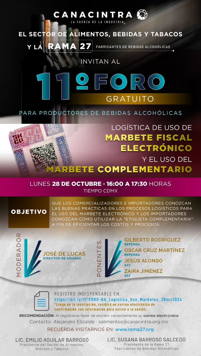 SectorAlimentos's tweet photo. El #Sabyt y la #Rama27 invitan a su 11° Foro Gratuito "Marbete fiscal electrónico y el uso del Marbete complementario".
La cita es el lunes 28 de octubre de 16:00 a 17:30h
*Previo Registro https://t.co/sl4KN9Xf1O°FOROBA_Logistica_Uso_Marbetes_28oct2024 https://t.co/gg0AcgDjgF https://t.co/S0EPwKYyK8