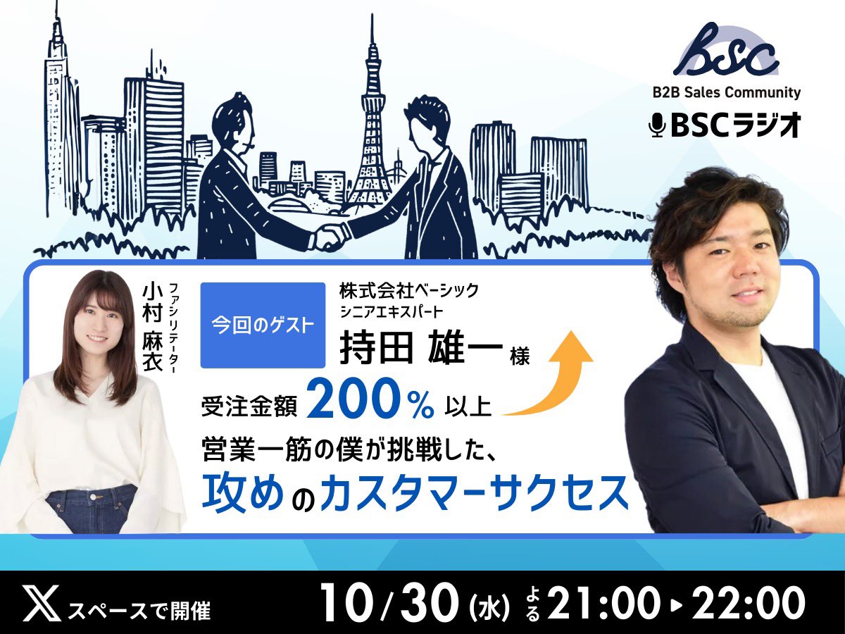 mk_saleslover's tweet photo. 【BSCラジオ vol.10】受注金額200%以上！営業一筋の僕が挑戦した、攻めのカスタマーサクセス

Date : 10/30(水)21時〜
Speaker : 株式会社ベーシック持田さん@The_mochida 

解約防止だけでなく、能動的に売上創出するCS組織をどう作るのか、興味深いです！#BSC 

https://t.co/O6Gfu3PrCs https://t.co/C4MIURwECR