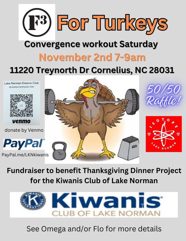 RT <a href="/pumahomes/">Phil Puma</a>: <a href="/F3Isotope/">F3/Isotope</a> early #pb SAT 11/2 Convergence of #Bedrock and #Mightyjungle at Teammates for Life 
11220 Treynorth Dr Cornelius for workout and a great cause to raise some money for Thanksgiving dinner project.  
Bring some $ or Venmo.  @jmham…