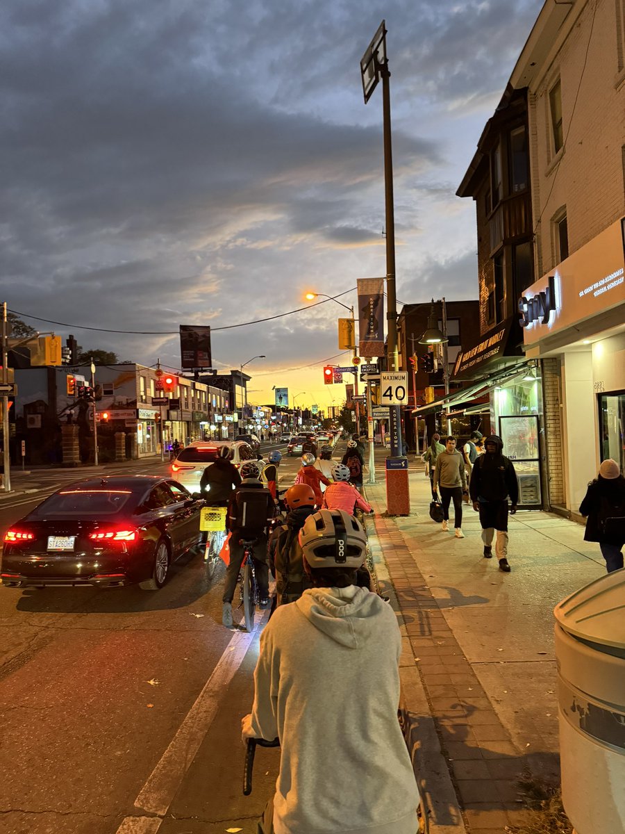 Twelve bike commuters along Bloor this evening taking up the same amount of road space as two cars. Bikes use finite road space more efficiently than cars. Cars cause congestion because they’re inherently inefficient.