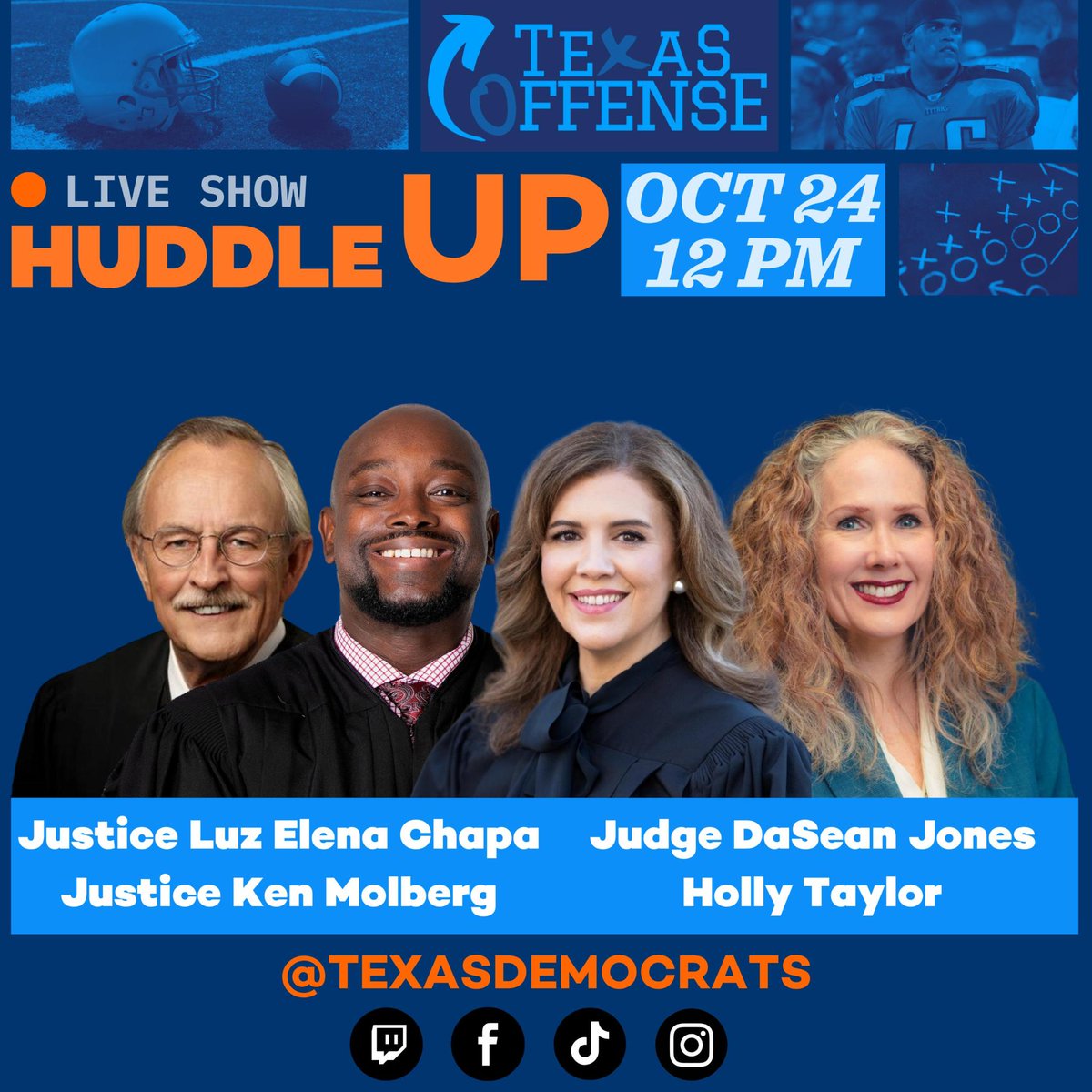 texasdemocrats's tweet photo. HUDDLE UP: Tomorrow @ 12PM, we'll speak with judicial candidates about their vision for a better Texas. Tune in! 🏈

 #TXDems | #HuddleUp | #TXOffense https://t.co/TiioJvuB35
