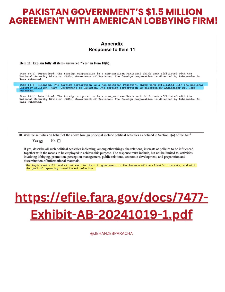 JehanzebParacha's tweet photo. As mentioned in @MoeedNj vlog yesterday, General Asim Munir has hired American lobbying firm to improve his badly tarnished reputation (due to obvious reasons!) in US.
Here is the proof / copy of Agreement signed between Government of Pakistan (using cover company Islamabad Policy Research Institute IPRI) and Team Eagle Consulting (US lobbying firm), worth $1.5 million - Rs 42 Crore !
IPRI is described to be “affiliated with the National Security Division (NSD), Government of Pakistan.”
Pakistani taxpayers are unknowingly and unwillingly paying for General Asim Munir’s image building exercise!
@GregCasar @BradSherman @ryangrim @MazMHussain @RoKhanna
Link to agreement:
https://t.co/WkiZdG3EEL
#PakistanUnderFascism
#ReleaseImranKhan