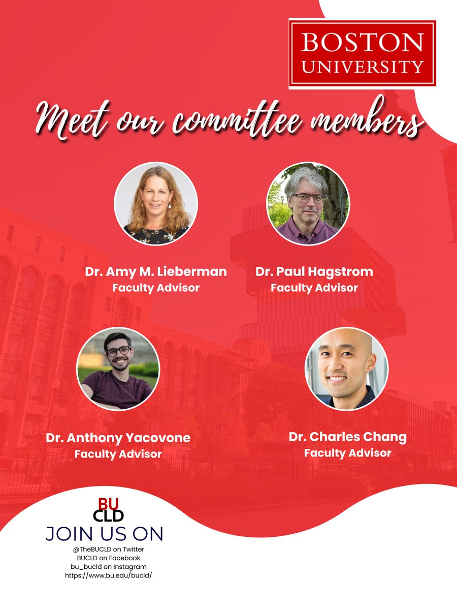 TheBUCLD's tweet image. ✨Meet the committee members of #BUCLD49! ✨
#BUCLD49 is privileged to present our faculty advisors:
Dr. Amy M. Lieberman, bu.edu/wheelock/profi…
Dr. Paul Hagstrom, ling.bu.edu/people/hagstro…
Dr. Anthony Yacovone, anthonyyacovone.com
Dr. Charles Chang, ling.bu.edu/people/chang/