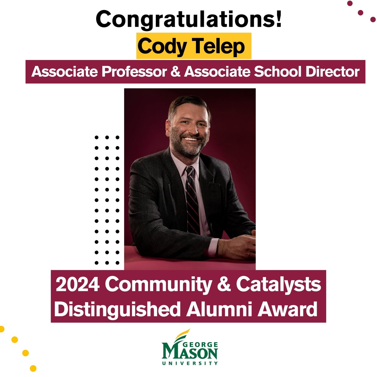 ASU Criminal Justice (@asucrimjustice) on Twitter photo Congratulations to Associate Professor & Associate School Director <a href="/codywt/">Cody Telep</a> on receiving the 2024 Community & Catalysts Award from George Mason University. This award celebrates GMU alumni who strive to improve the world around them. 👏 Congratulations to Associate Professor & Associate School Director <a href="/codywt/">Cody Telep</a> on receiving the 2024 Community & Catalysts Award from George Mason University. This award celebrates GMU alumni who strive to improve the world around them. 👏