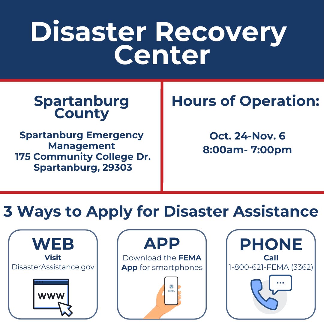 A Disaster Recovery Center will open in Spartanburg County to provide in-person assistance to South Carolinians affected by Hurricane Helene.  

To find all other center locations, including those in other states, go to //fema.gov/drc or text “DRC” and a Zip Code to 43362.