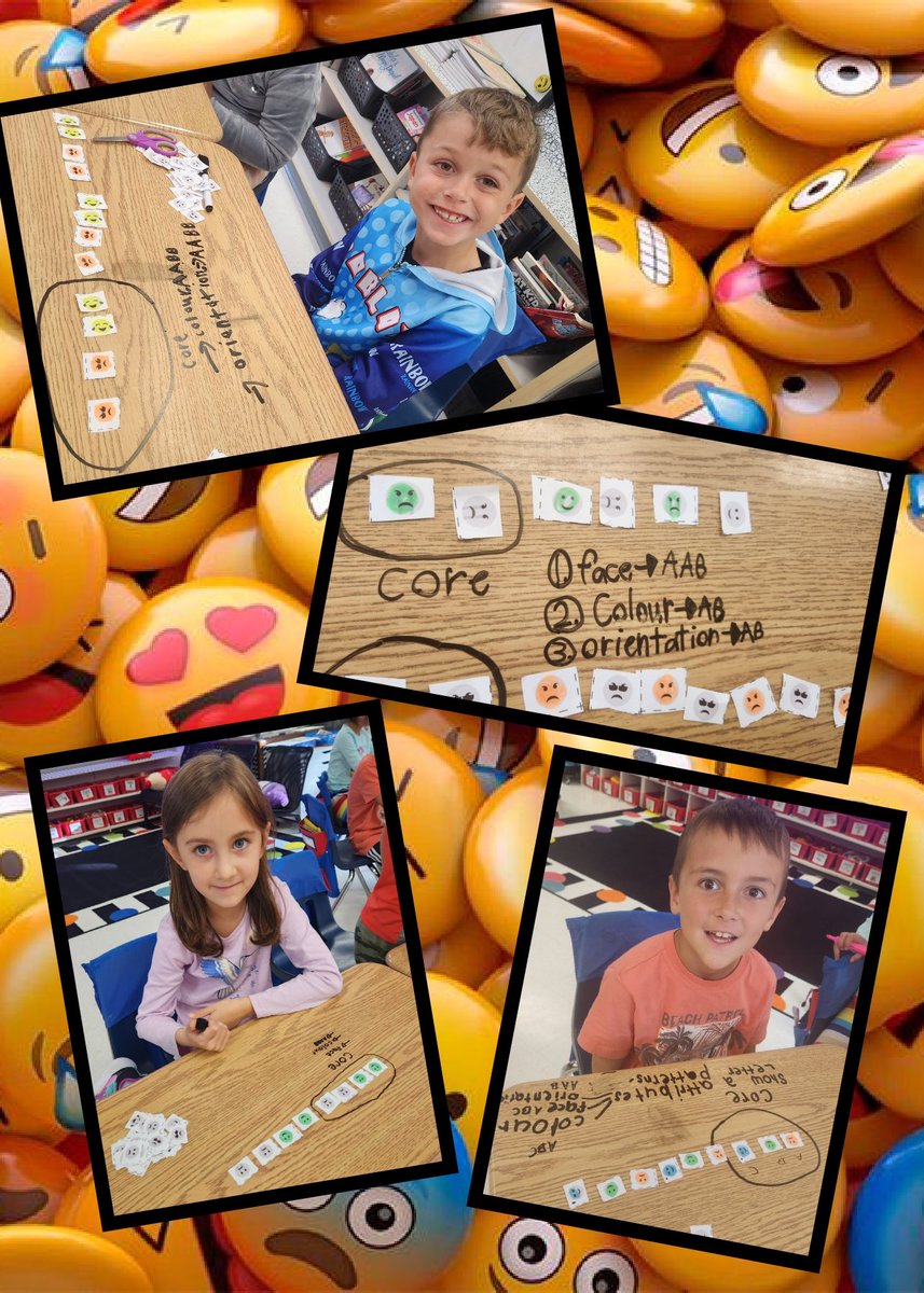 BrainyBunch2s's tweet image. We created repeating patterns using emojis by changing 2️⃣ attributes😎! The best part? We described our patterns using dry erase markers directly on our desks—surprise! 🤯 Some patterns followed one letter rule (ABB), but other attributes changed differently.  #EmojiFun