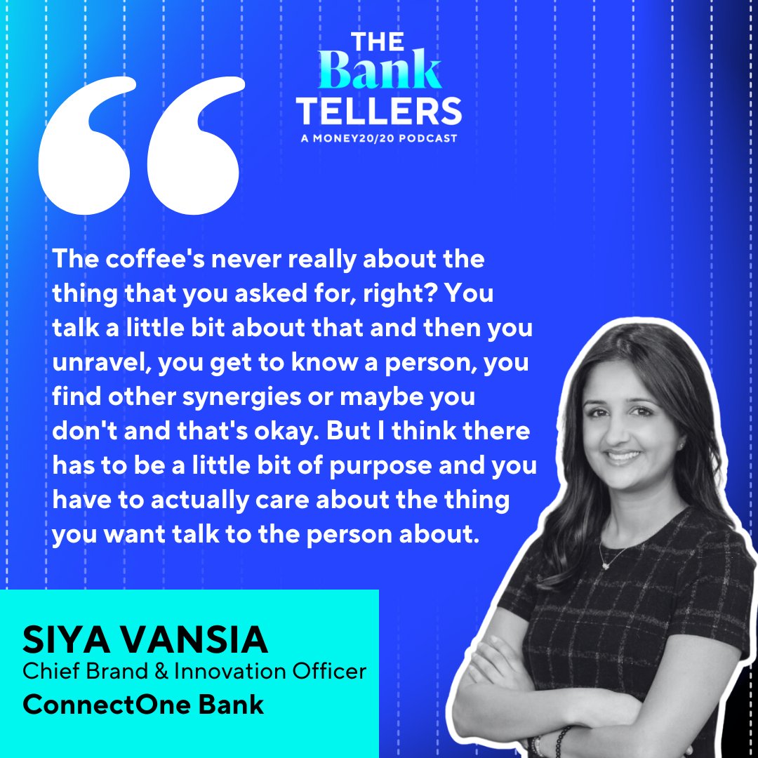 Best career advice Siya Vansia's ever received? Take the coffee meeting! ☕ 

As the Chief Brand and Innovation Officer at <a href="/ConnectOneBank/">ConnectOne Bank</a>, she's learned how to master the art of creating genuine and meaningful professional connections. 

▶️ Watch the ep: bit.ly/3C4fpLi