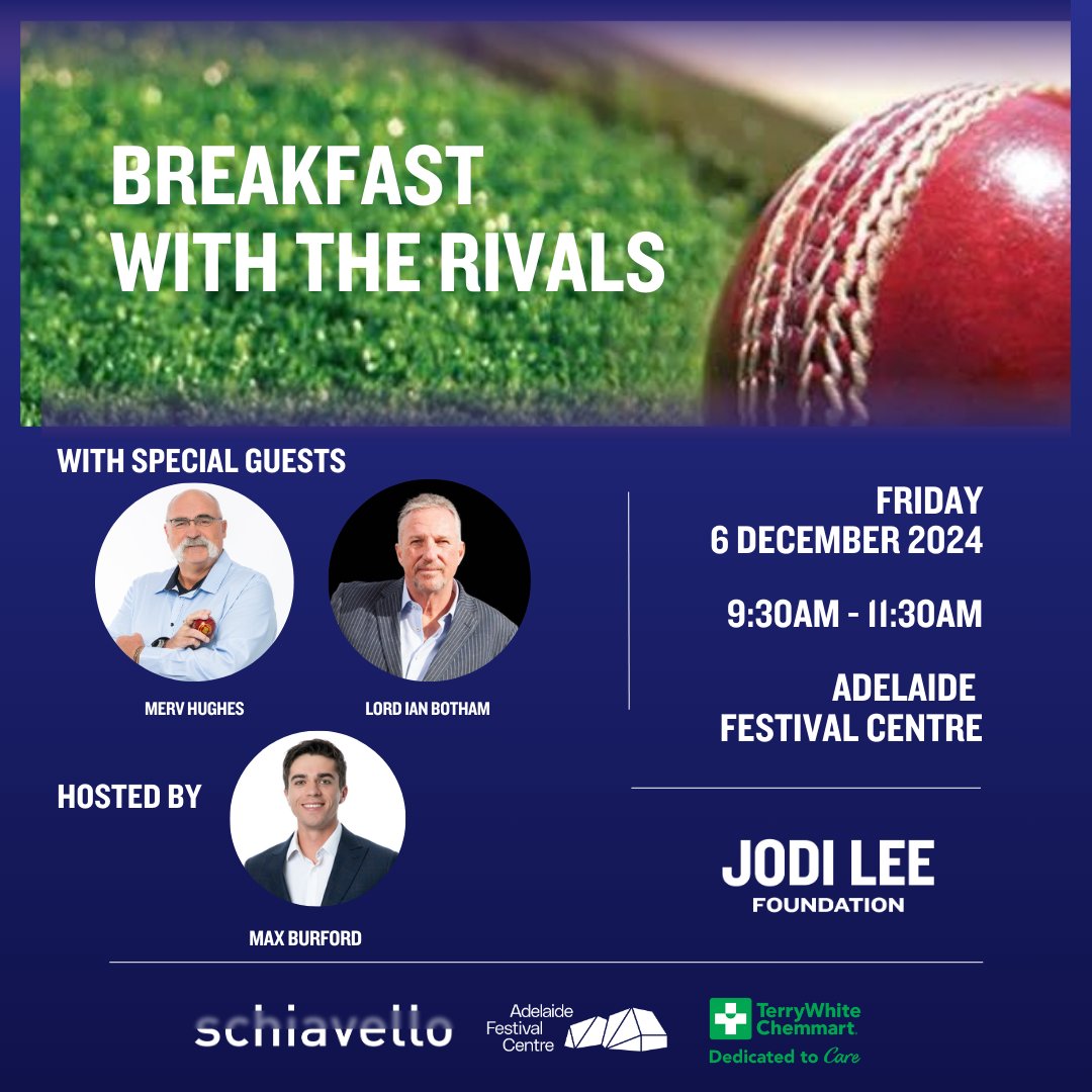Breakfast with the Rivals charity event - Friday 6 December -  Adelaide Festival Centre.
It's the hottest ticket in town, brunch with cricketing legends Merv Hughes and Lord Ian Botham. 
Book now at bit.ly/JLFCricketBrun…
#JodiLeeFoundation  #BowelCancerPrevention