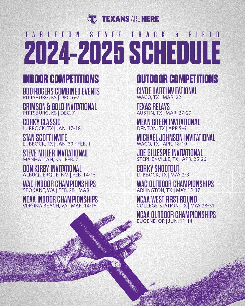 Tarleton State XC & TF (@tarletonxctrack) on Twitter photo Tarleton State Track and Field release 2024-25 indoor and outdoor slates
Full Story - tinyurl.com/5n6n3mjh Tarleton State Track and Field release 2024-25 indoor and outdoor slates
Full Story - tinyurl.com/5n6n3mjh