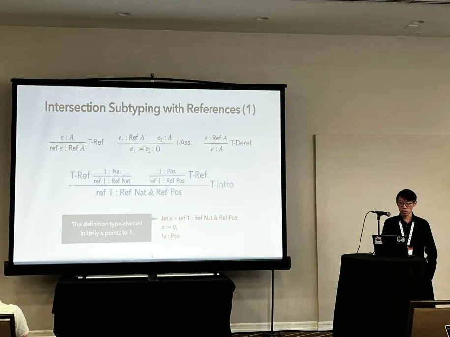 SPLASH Conference (@splashcon) on Twitter photo <a href="/yzyzsun/">Yaozhu Sun</a> presenting Imperative Compositional Programming: Type Sound Distributive Intersection Subtyping with References via Bidirectional Typing <a href="/yzyzsun/">Yaozhu Sun</a> presenting Imperative Compositional Programming: Type Sound Distributive Intersection Subtyping with References via Bidirectional Typing