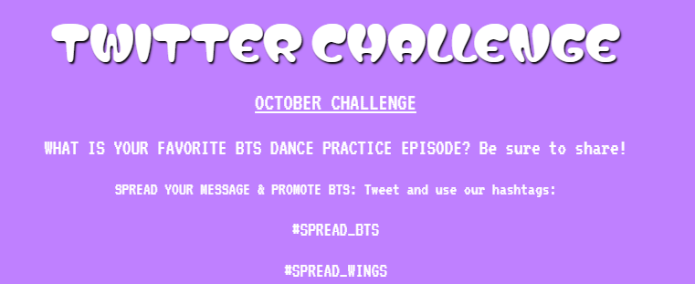 BTS_COMEBACK26's tweet photo. Do not forget to share your October challenge! We are booked and busy - yet we still have fun!

Tell us your favorite dance practice episode.⬇️
#SPREAD_BTS 
#SPREAD_WINGS https://t.co/sX17RrQfIq