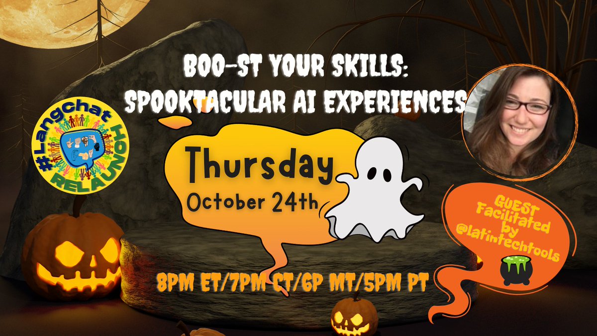 Tune in Thursday for the 2nd RELAUNCH of #langchat, where we talk about 👻SPOOK-tacular experiences in AI with guest host <a href="/latintechtools/">Maureen Gassert Lamb , M.Ed. (she/her/hers)</a> 
Bring a friend or two! 
Tune in at 5pm PT/6pm MT/ 7pm CT/ 8pm ET. 

Collection: wakelet.com/wake/7Zxuk0YDx…
 
#LangChat #AIinEducation