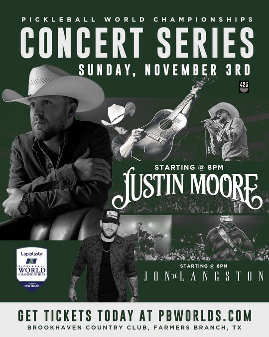 Dallas! I know we missed y’all on tour, still bummed about that.. BUT we’re coming back to play a concert at the Lapiplasty Pickleball World Championships on Nov. 3rd at Brookhaven Country Club! Come out and enjoy some world class pickleball action and country music on Pickleball