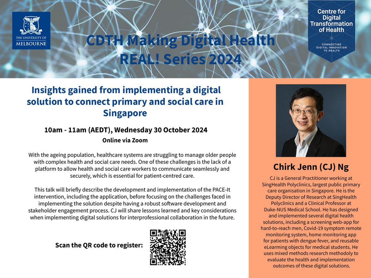 Centre for Digital Transformation of Health (@dt4health) on Twitter photo ✨ Join us for the next session of the MDHR! Series at 10am (AEDT), Wed 30 Oct 24 to hear Chirk Jenn Ng, SingHealth Polyclinics, speak about the ‘Insights gained from implementing a digital solution to connect primary and social care in Singapore.’ RSVP: unimelb.zoom.us/meeting/regist… ✨ Join us for the next session of the MDHR! Series at 10am (AEDT), Wed 30 Oct 24 to hear Chirk Jenn Ng, SingHealth Polyclinics, speak about the ‘Insights gained from implementing a digital solution to connect primary and social care in Singapore.’ RSVP: unimelb.zoom.us/meeting/regist…