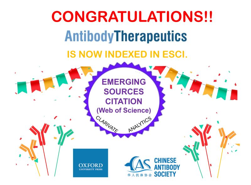 Antibody Therapeutics (@antibodyt) on Twitter photo Antibody Therapeutics, official journal of Chinese Antibody Society, published by Oxford University Press <a href="/OUPMedicine/">OUP Medicine</a> , has been accepted by Clarivate for indexing in the Emerging Sources Citation Index (ESCI)!
chineseantibody.org/posts/antibody… Antibody Therapeutics, official journal of Chinese Antibody Society, published by Oxford University Press <a href="/OUPMedicine/">OUP Medicine</a> , has been accepted by Clarivate for indexing in the Emerging Sources Citation Index (ESCI)!
chineseantibody.org/posts/antibody…