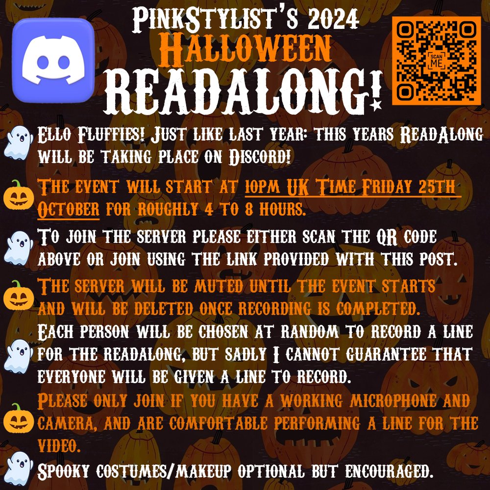 Pink_Stylist's tweet image. 🎃Ello Spooky Fluffies! It's officially less than 48 hours until this years Halloween Read-Along begins! The Discord server is NOW OPEN! Join using either the QR code below or by link: discord.gg/AYHf82y2 The sever will be muted until event starts on Friday. See you then!👻