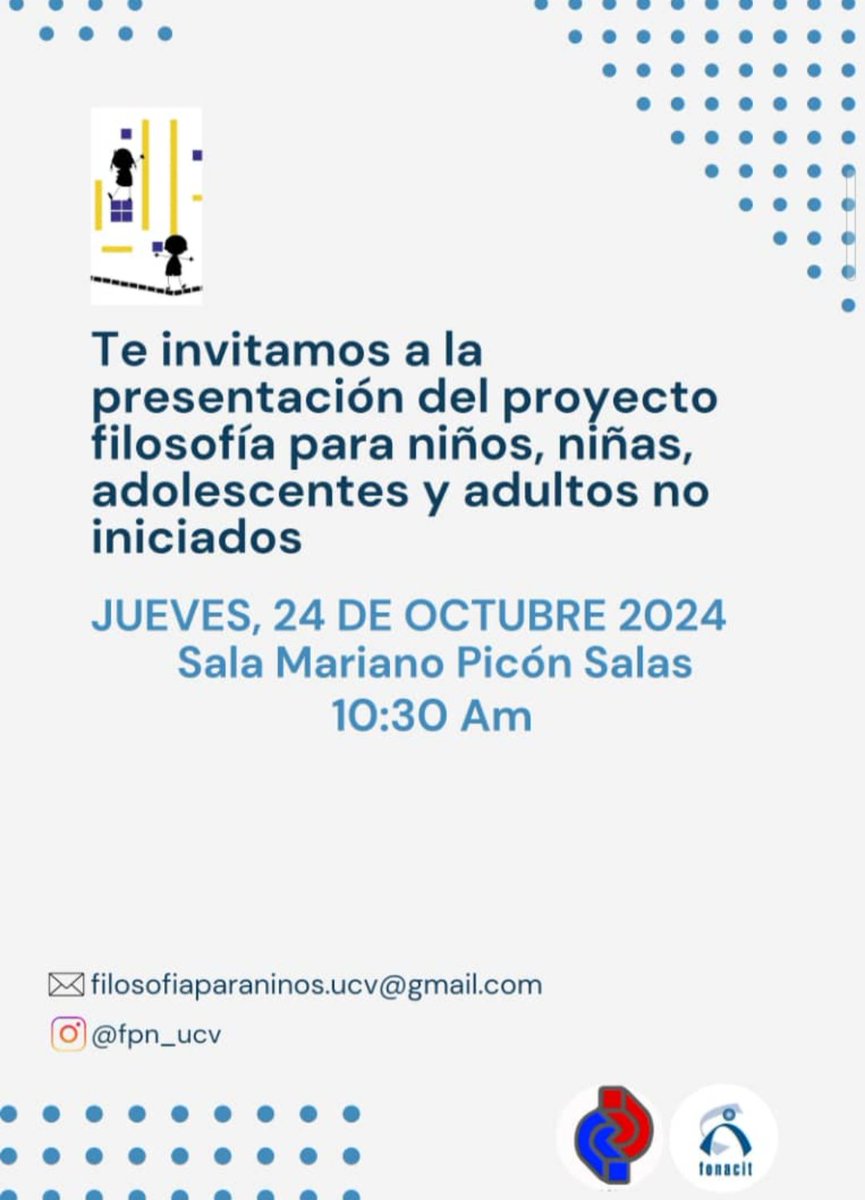La SVF invita a la presentación del proyecto filosofía para niños, niñas, adolescentes y adultos no iniciados

JUEVES, 24 DE OCTUBRE 2024 Sala Mariano Picón Salas 10:30 Am

filosofiaparaninos.ucv@gmail.com

@fpn_ucv