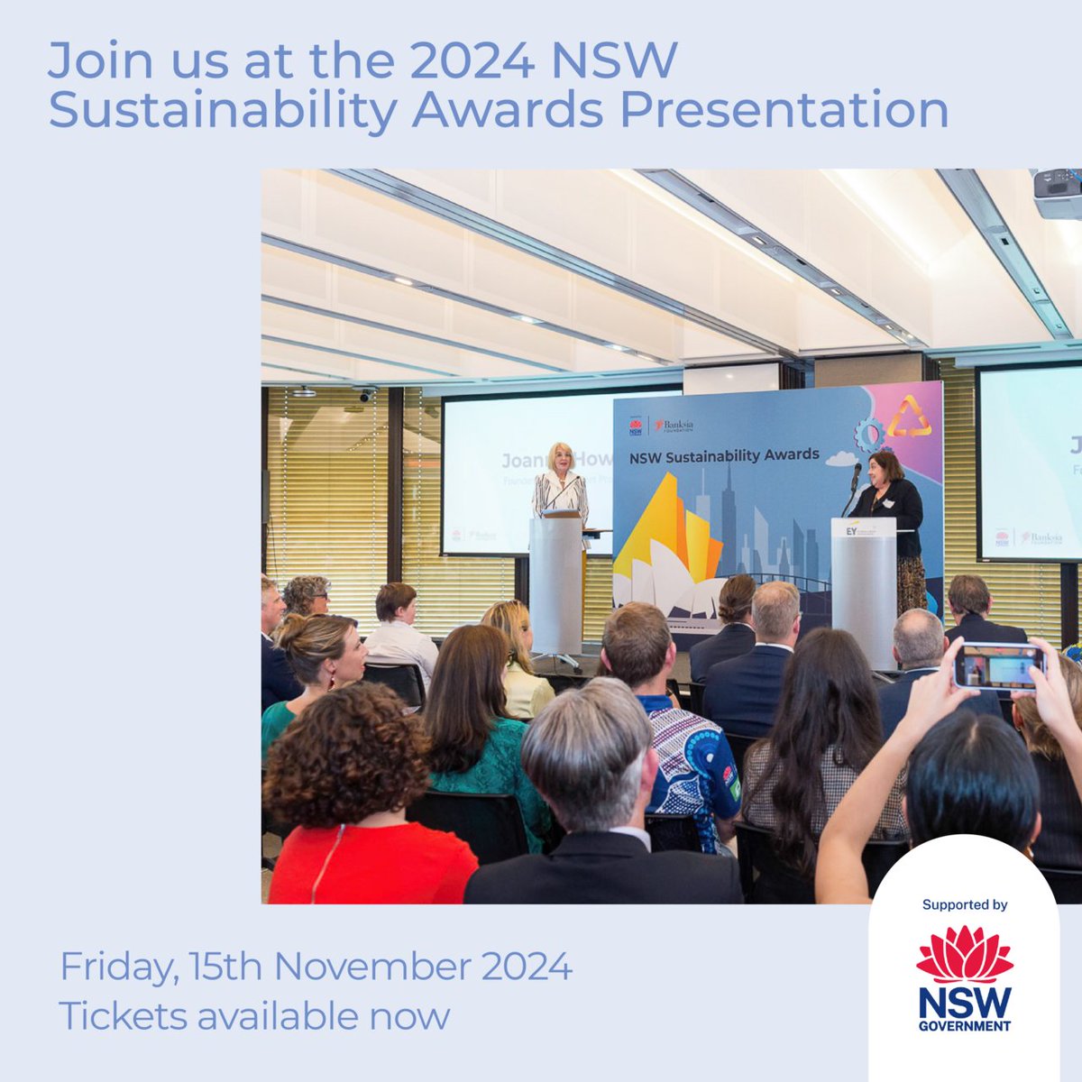 Join the Banksia Foundation &amp; NSW Dept of Climate Change, Energy, the Environment &amp; Water to celebrate the 2024 NSW Sustainability Awards finalists &amp; winners!
📅 15 Nov 2024 ⏰ 4:00–7:00pm 📍 Australian National Maritime Museum
BOOK NOW: events.humanitix.com/nsw-sustainabi… #sustainabiltity