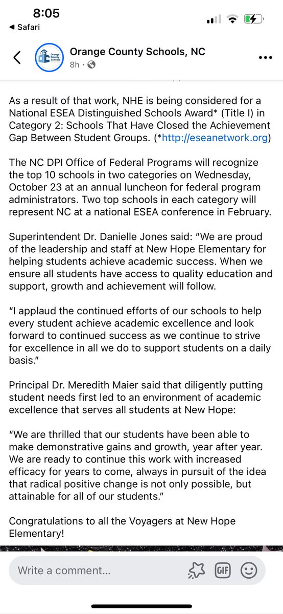 BIG NEWS!!! 🎉🪩🪅🥳

New Hope Elementary was recognized today as one of the Top 10 Title I schools in the state of NC nominated for the National ESEA Distinguished Schools Award in Category 2 – Schools That Have Closed The Achievement Gap Between Student Groups!

<a href="/NHVoyagers/">New Hope Elementary</a>