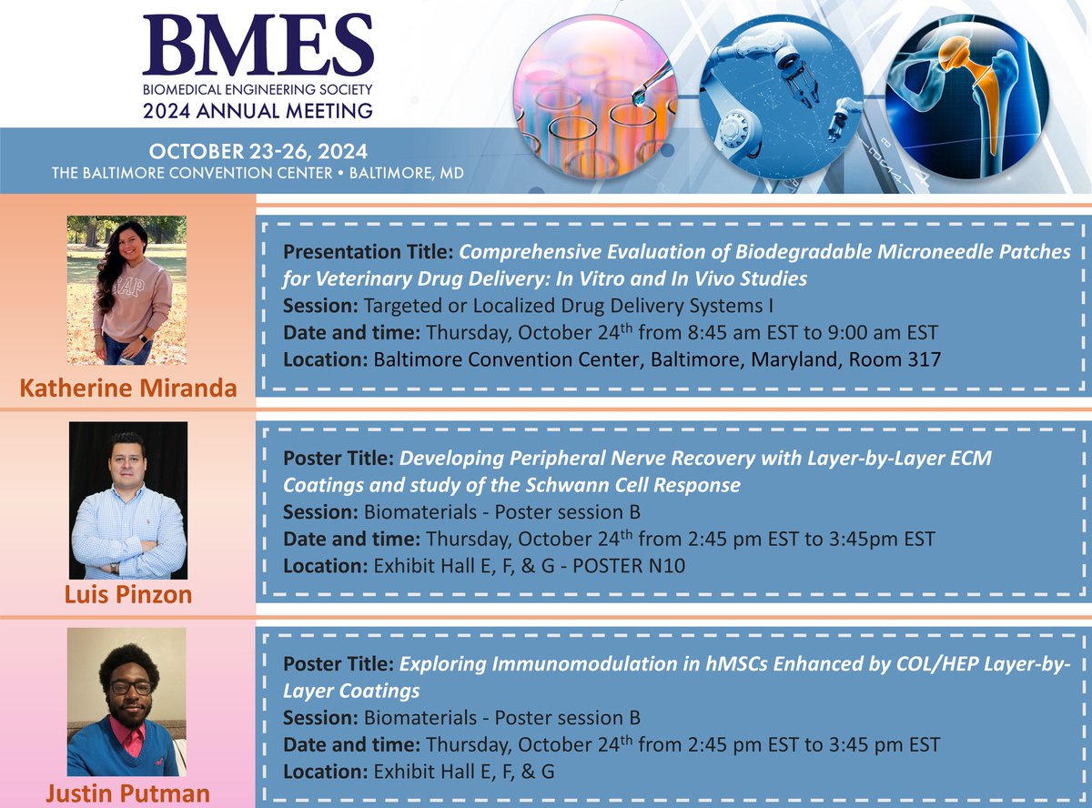 Jorge Almodóvar (@jorge_almodovar) on Twitter photo Our group will be busy on Thursday at #BMES2024 ! Come check out our work presented by <a href="/Kathy_Miranda18/">Katherine A. Miranda M</a> <a href="/lpinzonh/">Luis Carlos Pinzón H</a> & Justin Putman. <a href="/BMESociety/">Biomedical Engineering Society</a> <a href="/UMBC_CBEE/">UMBC CBEE</a> Our group will be busy on Thursday at #BMES2024 ! Come check out our work presented by <a href="/Kathy_Miranda18/">Katherine A. Miranda M</a> <a href="/lpinzonh/">Luis Carlos Pinzón H</a> & Justin Putman. <a href="/BMESociety/">Biomedical Engineering Society</a> <a href="/UMBC_CBEE/">UMBC CBEE</a>