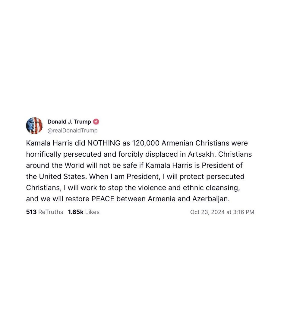 Trump sent $100 million+ in military aid to Azerbaijan before its assault on Artsakh in 2020.

Biden &amp; Harris did nothing to prevent or respond to Azerbaijan's ethnic cleansing of Artsakh last year.

Both are complicit. We need more than words. We will hold them accountable.