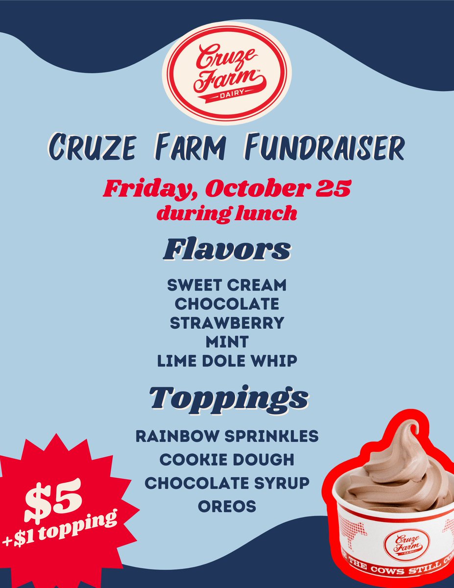 FRIDAY October 25th Cruze Farm will be at school during lunch selling their delicious ice cream. $5/cup and $1 Toppings. They accept cash and mobile payment. 
🍨🍦
<a href="/HallsHighTN/">Halls High School</a>