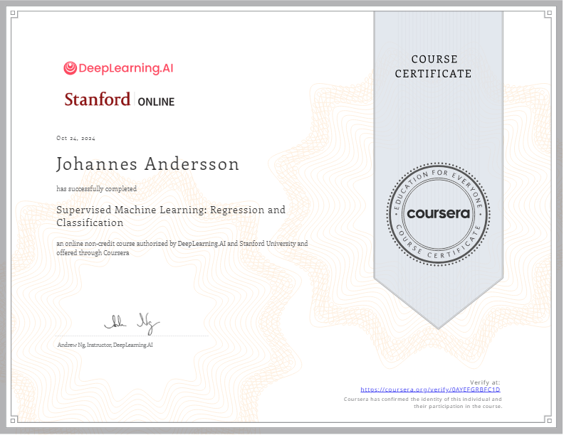 itsjohannesonx's tweet image. Well i did it! If you want to learn #machine_learning then this course on @coursera is for you.