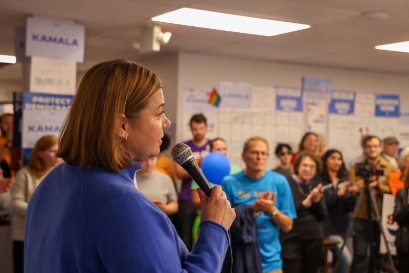 ElissaSlotkin's tweet photo. Madison Heights is fired up and ready to knock some doors! Stopped by a canvass launch this afternoon, thanked the ONE campaign team packing final literature heading out the door, and got some good time with some @UFCW876 members on exactly what they’re hearing from voters. They told me about a trend I’ve been hearing about everywhere: women voters who aren’t telling their husbands how they’re voting, but are ready to vote for Harris and Slotkin.