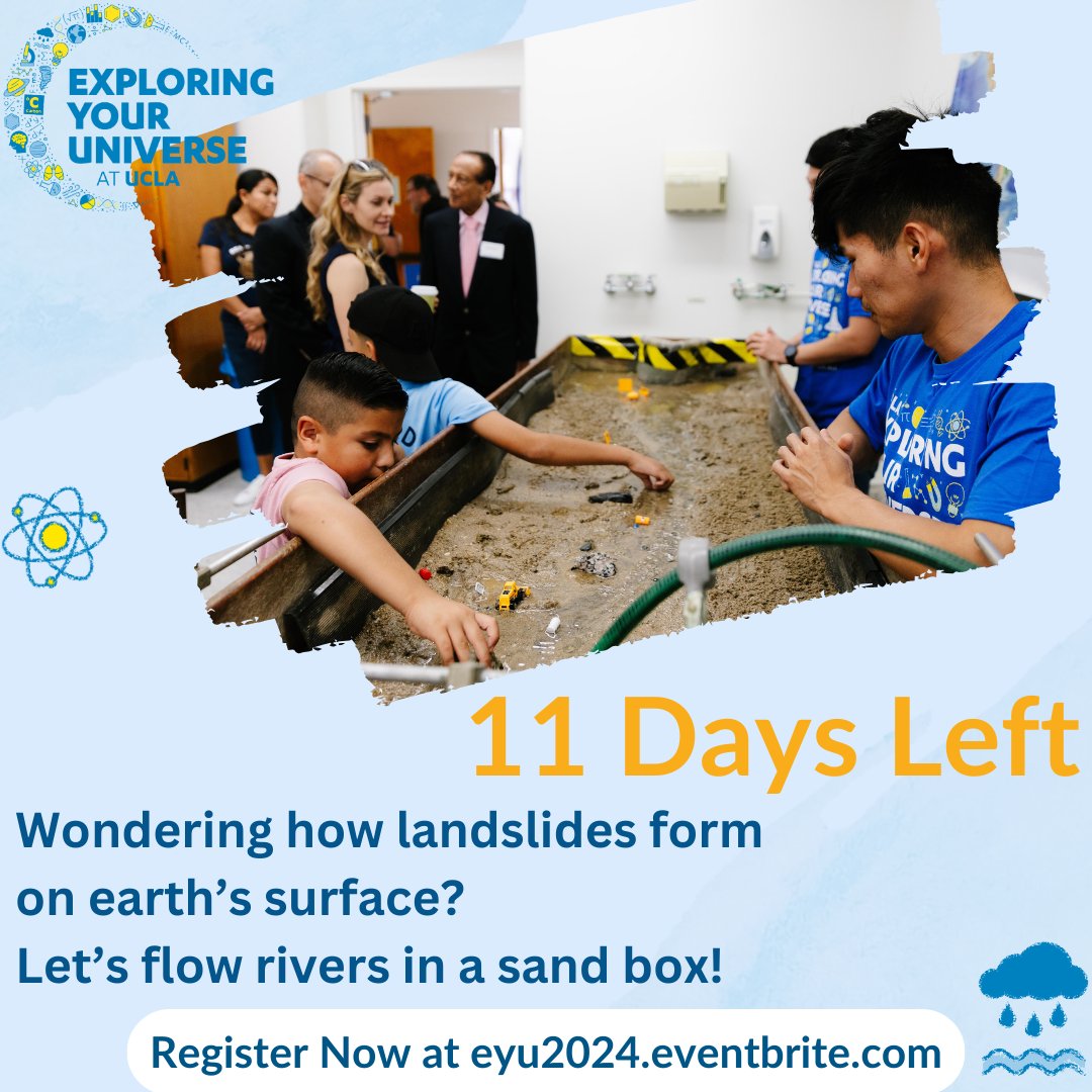 🌍 Get Ready to Explore Earth’s Wonders! 🌊
Ever wondered how landslides form or how rivers carve their way through the earth’s surface? Come join us at EYU2024
🗓️ Only 11 Days Left until the big event! 
🎟️ Register now at eyu2024.eventbrite.com
<a href="/UCLA/">UCLA</a> <a href="/UCLACollege/">UCLA College</a> <a href="/UCLAEPSS/">UCLA EPSS</a>