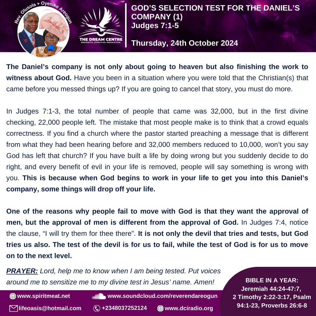 dcloicint's tweet photo. 🛡️ GOD’S SELECTION TEST FOR THE DANIEL’S COMPANY (1)
📖 Judges 7:1-5
🙏 One of the reasons why people fail to move with God is that they want the approval of men, but the approval of men is different from the approval of God.
#SpiritMeat #ReverendAreogun #RevOyenikeAreogun https://t.co/bT1neeAb7S