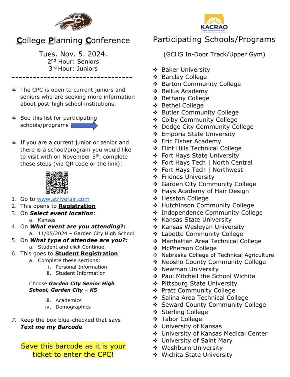 gchshealthcouns's tweet photo. GCHS Juniors & Seniors: our campus will host the College Planning Conference (CPC) on Tuesday, November 5th. See attached image; interested in learning more about any of these places? Be sure to register for the event and get your barcode for admittance. #gcbuffpride https://t.co/pcrcFdgpwi