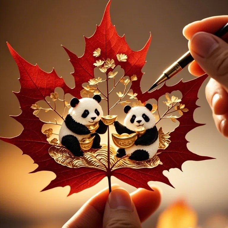 手捧美好，枫叶熊猫，为你带来无尽幸福!  #中国雕刻 #中国熊猫