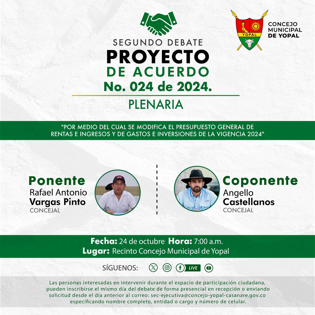 Este jueves 24 de octubre en Plenaria se debatirá el Proyecto de Acuerdo 024 “Por medio del cual se modifica el presupuesto general de rentas e ingresos y de gastos e inversiones de la vigencia 2024” ¡Sígue la transmisión en nuestro Facebook! 

facebook.com/profile.php?id…