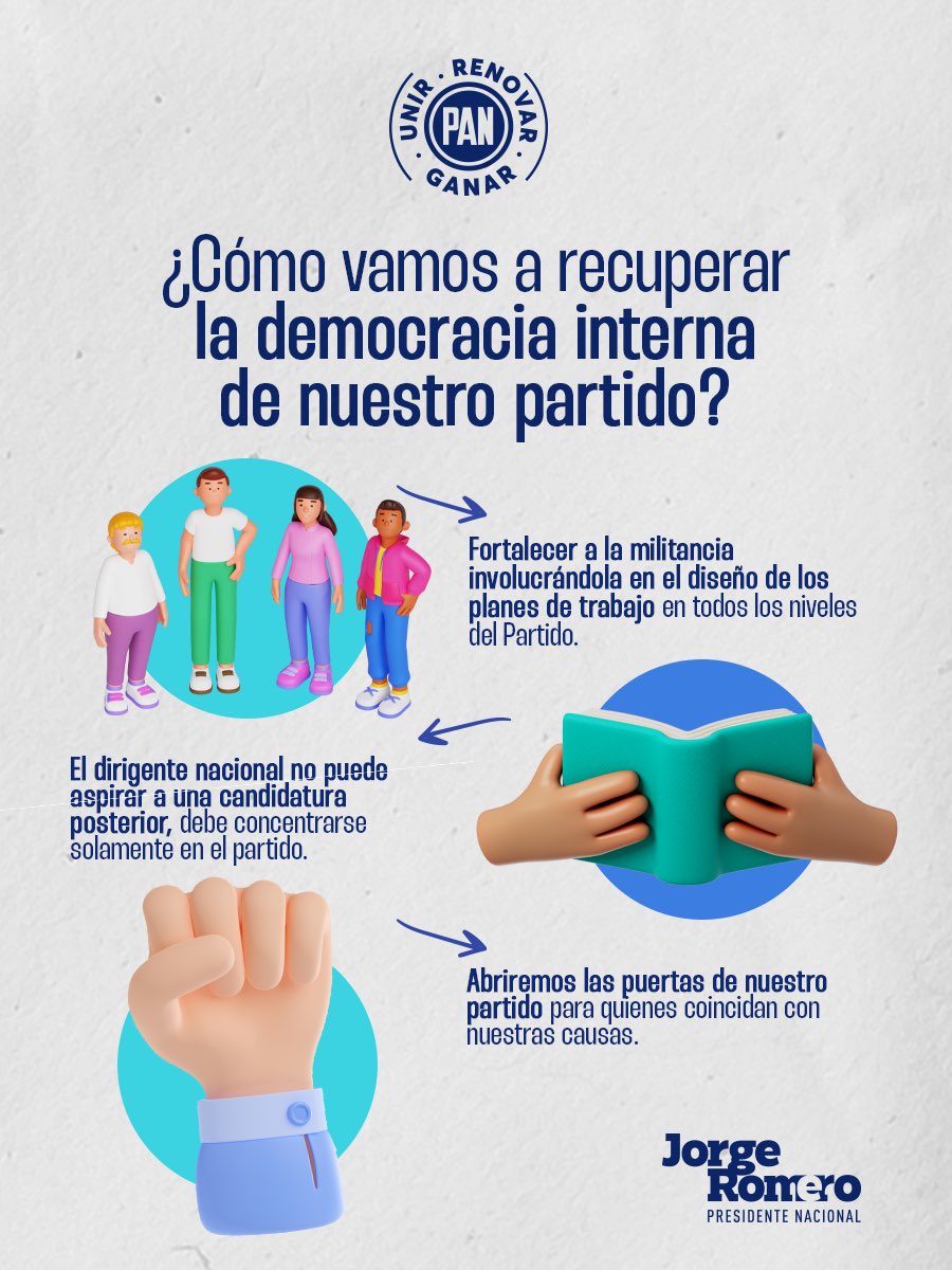 ¡Es hora de recuperar la fuerza de nuestra militancia! En el PAN creemos en el poder de cada uno de nuestros integrantes para diseñar el futuro de nuestro partido. Trabajemos juntos para actualizar nuestros principios y fortalecer la democracia interna. 💪🔵 #UnirRenovarGanar