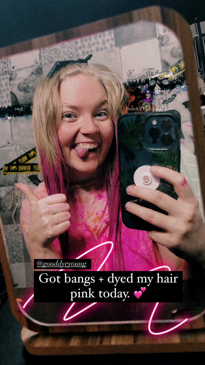 Got bangs + dyed my hair pink today… hair reveal happening now over on twitch.tv/talesoftlove 💖