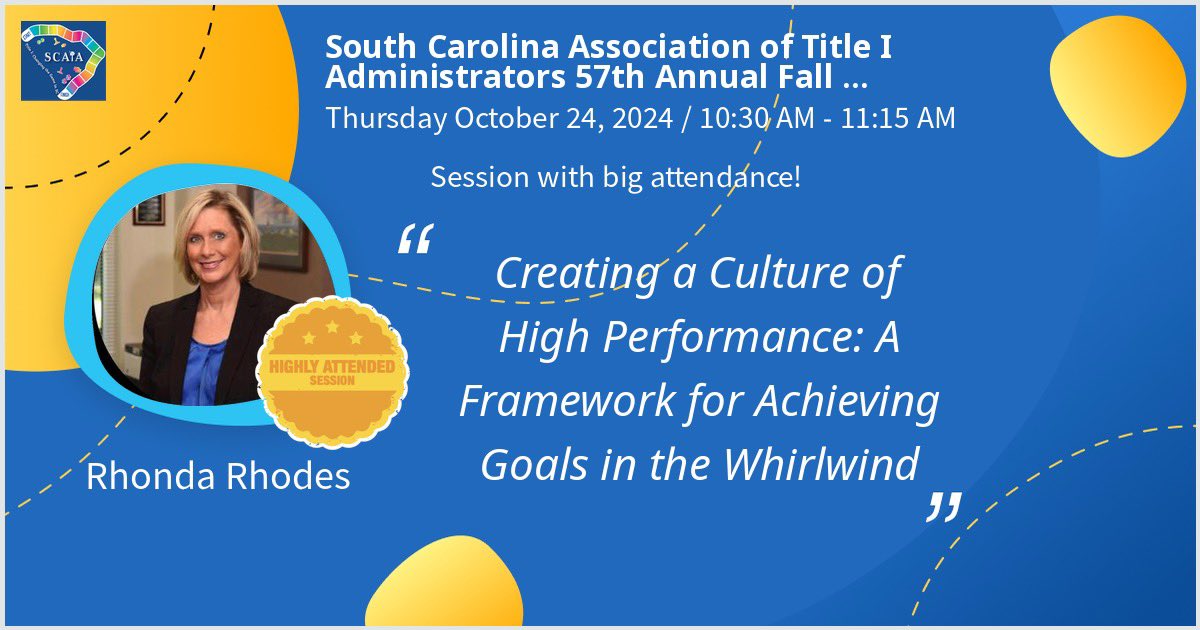 Having a great time connecting with friends and making new ones at #SCATA24! Excited to share goal setting with #4DX and highlight the work being done at West End Elementary! Come join us at 10:30 on 10/24!