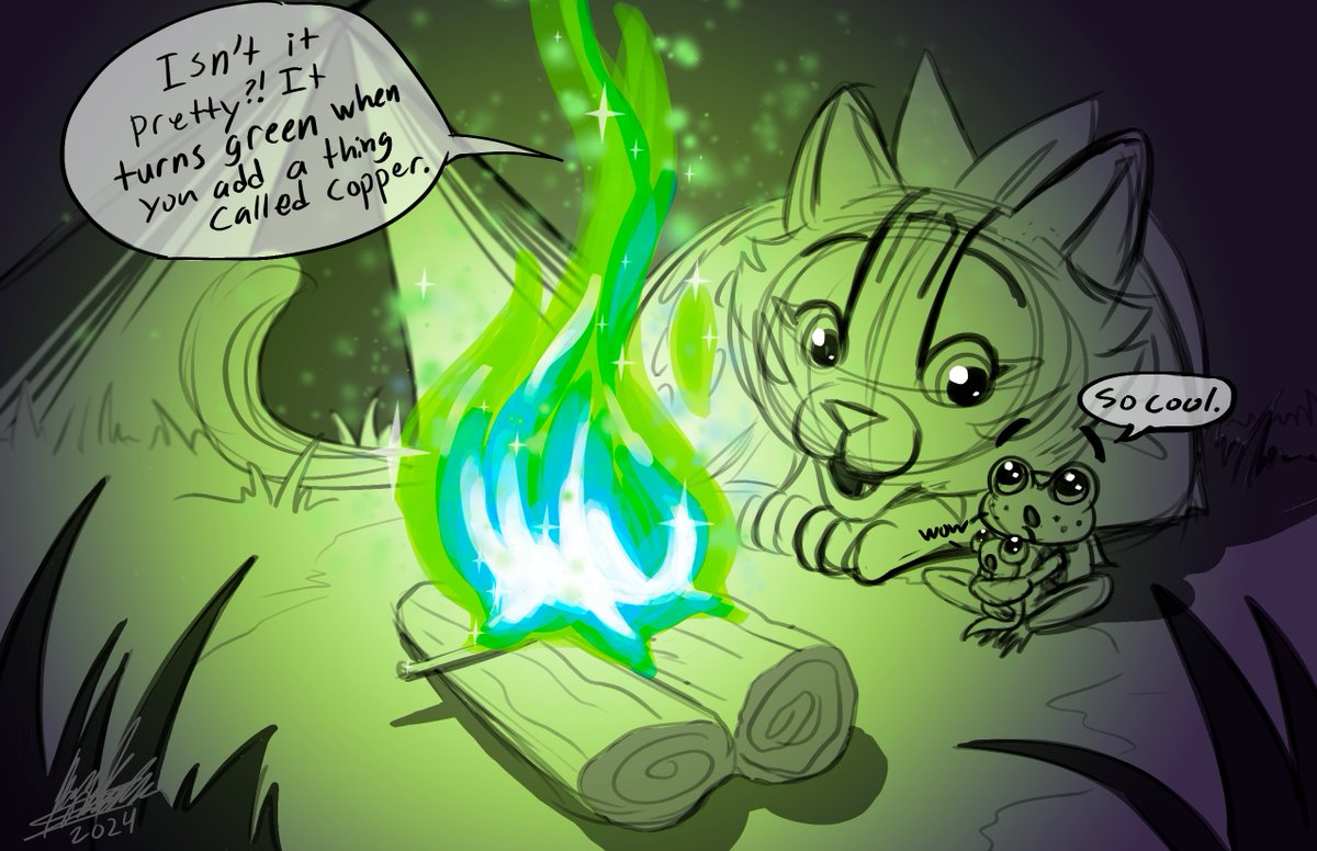silverwaterbird's tweet photo. Inktober day 22, Camp. The group decide to set up camp after the Rhinoceros dropped them off in a safer location. To lighten the mood, Katy decides to show the boys a beautiful green fire.
#inktober2024 #inktober #inktober2024camp #camp #camping #greenfire #cat #frog #campfire https://t.co/IYHWIydSVc