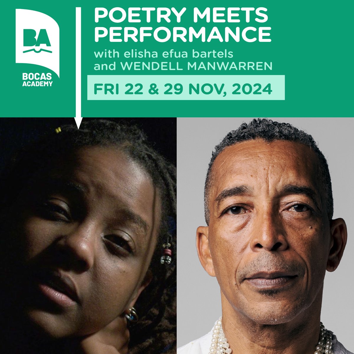 📣Spoken word poets! Sharpen your storytelling tongues in this two-part in-person workshop Poetry Meets Performance, led by veteran stage performers elisha efua bartels and Wendell Manwarren.

Info &amp; registration 🔗 academy.bocaslitfest.com/event/poetry-m…
#bocas2024 #bocasacademy <a href="/urbanfolktales/">emceesquared</a>