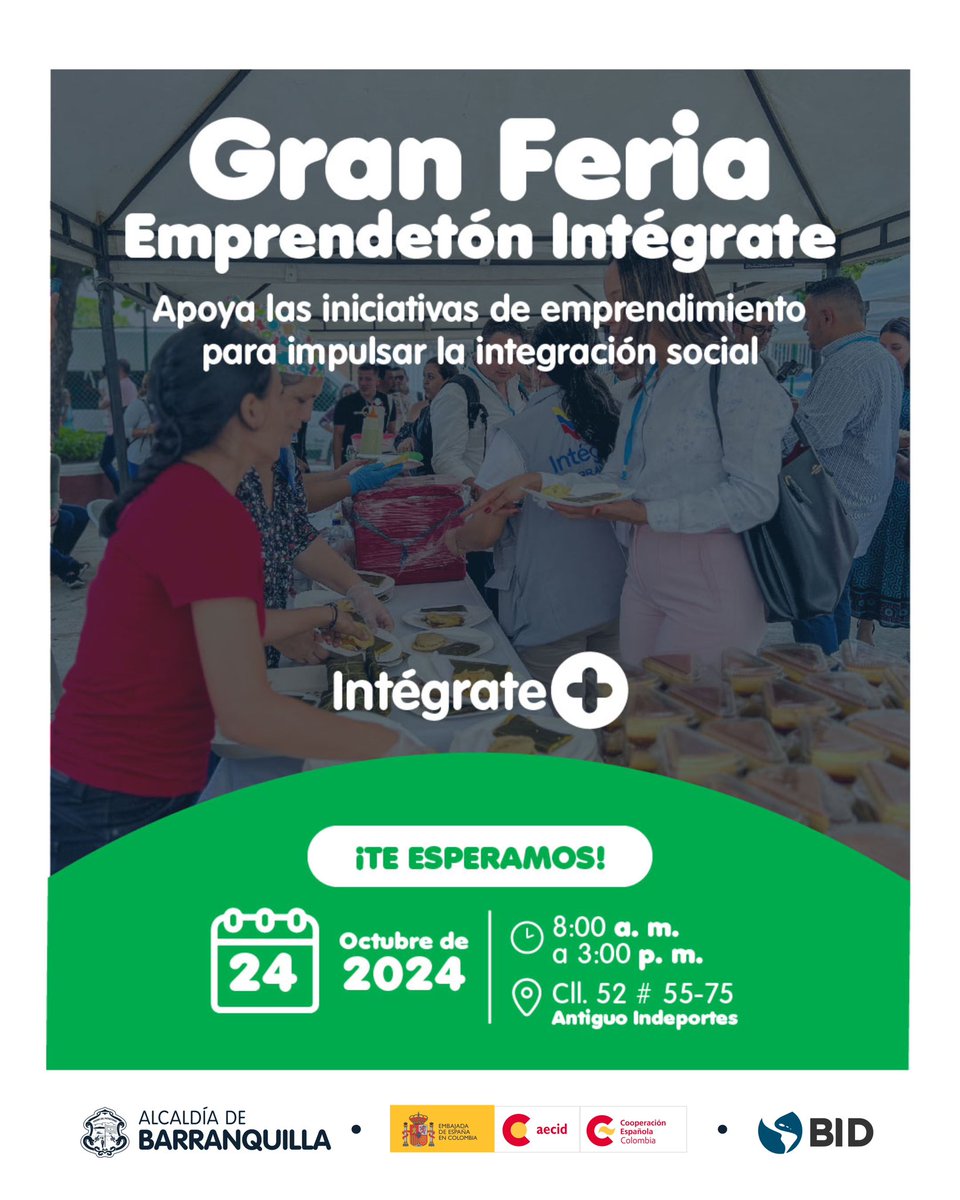¡Mañana es la Gran Feria Emprendetón Intégrate!✅

Conoce los emprendimientos de migrantes, retornados y comunidad de acogida que han participado en procesos formativos del Centro #IntégrateBarranquilla.

🗓️ 24 de octubre de 2024 
⏰ De 8:00 a.m. a 3:00 p.m. 
📍 Calle 52 # 55-75